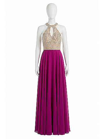 Clarisse Illusion Halter A-Line Evening Gown in Mulberry (view 1)