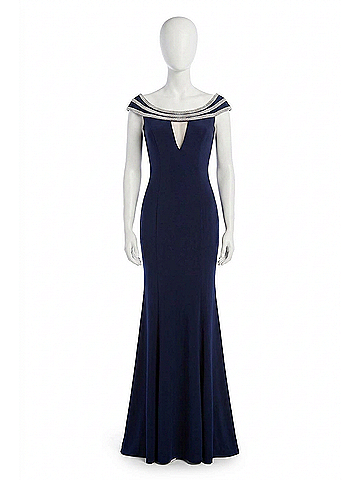 Clarisse Cap Sleeves Cutout Long Gown in Navy (view 1)