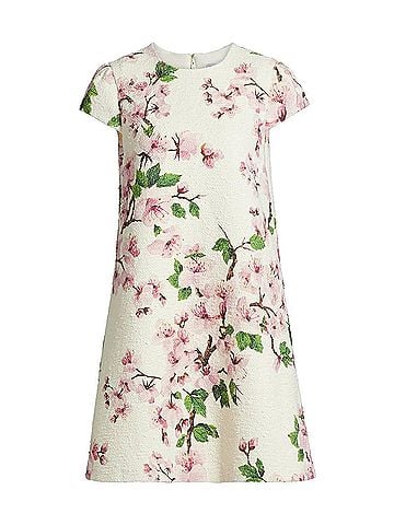 Oscar De La Renta Cherry Blossom Cap Sleeve Embroidered Dress in Pink/Ivory (view 1)