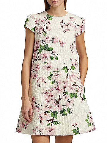 Oscar De La Renta Cherry Blossom Cap Sleeve Embroidered Dress in Pink/Ivory (view 2)