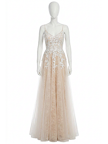 Clarisse V-Neckline Floral Lace Applique Maxi Party Dress in Ivory/Blush (view 1)