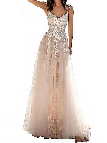 Clarisse V-Neckline Floral Lace Applique Maxi Party Dress in Ivory/Blush (view 2)
