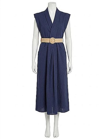 Entro Linen Style Belted Midi Dress in Navy (view 1)