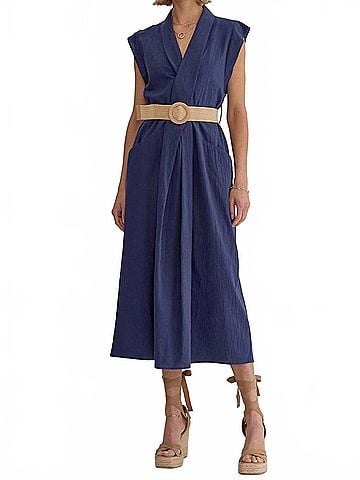 Entro Linen Style Belted Midi Dress in Navy (view 2)
