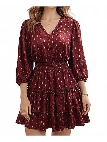 Joy Joy Puff Sleeves V-Neck Print Dress in Wine (view 2)