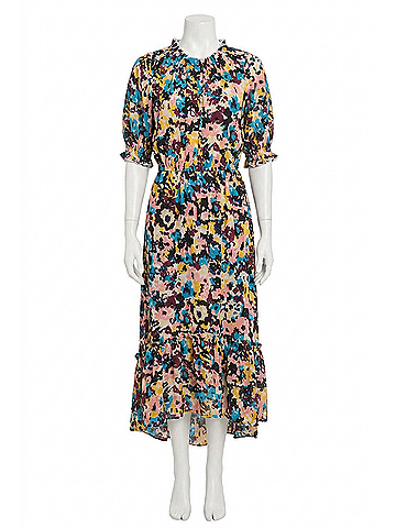 Donna Morgan Short-Sleeve Abstract Midi Dress in Aut Turq Peach Cob (view 1)