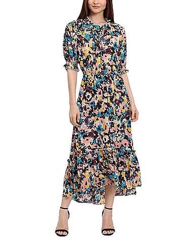 Donna Morgan Short-Sleeve Abstract Midi Dress in Aut Turq Peach Cob (view 2)