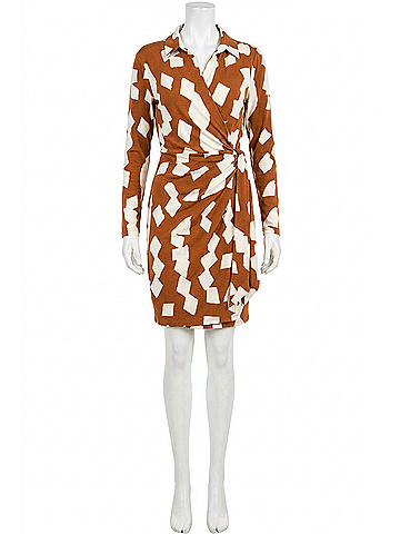 Donna Morgan Long-Sleeve Geo Print Wrap Dress in Brown Ivory (view 1)