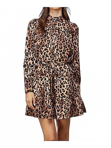 Fate Animal Print Satin Tie Waist Shirt Dress in Brown (view 2)