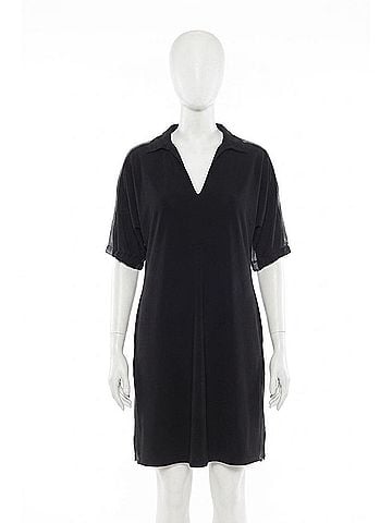 Joseph Ribkoff Faux Leather Trim Short Sleeve Trapeze Dress in Black (view 1)