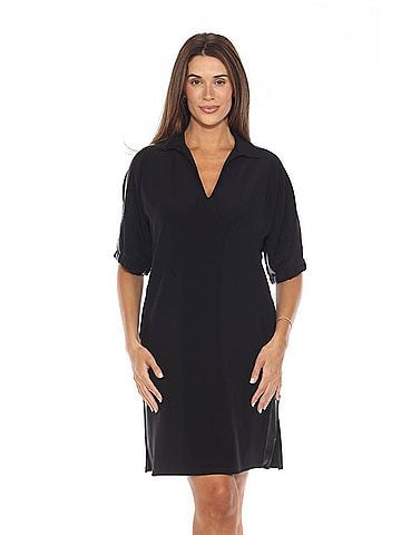 Joseph Ribkoff Faux Leather Trim Short Sleeve Trapeze Dress in Black (view 2)