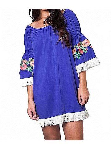 Umgee Embroidered Off The Shoulder Dress in Royal Blue (view 2)