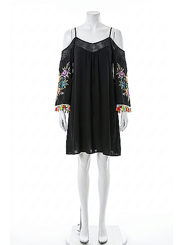 Umgee Floral Embroided Pom And Tassel Mini Dress in Black (view 1)