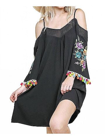 Umgee Floral Embroided Pom And Tassel Mini Dress in Black (view 2)