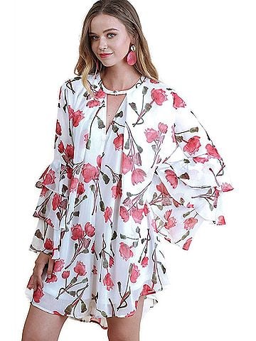 Umgee Ruffle Sleeve Floral Keyhole Dress in Cream (view 2)