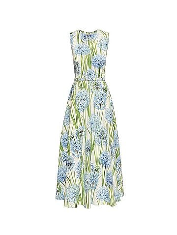Oscar De La Renta Sleeveless Allium Print Poplin Dress in Blue/White (view 1)