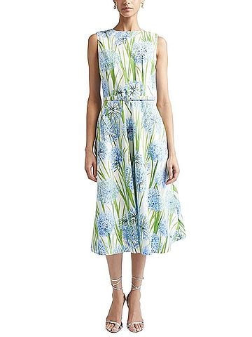 Oscar De La Renta Sleeveless Allium Print Poplin Dress in Blue/White (view 2)