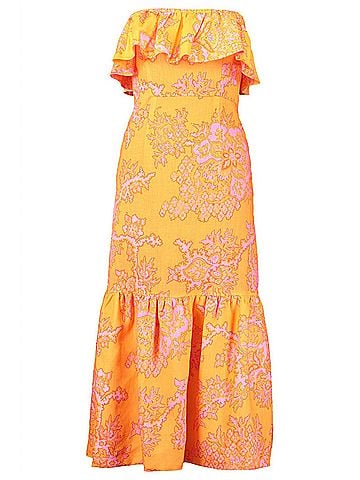 Rhode Thea Ruffle Trim Halter Midi Dress in Coral Reef Grande (view 1)