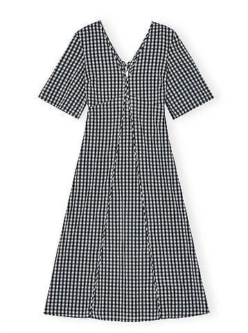 Ganni Seersucker Check V-Neck Long Dress in Egret (view 1)