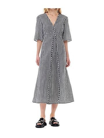 Ganni Seersucker Check V-Neck Long Dress in Egret (view 2)