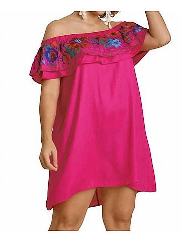 Umgee Floral Embroidered Ruffled Dress in Fuchsia (view 2)