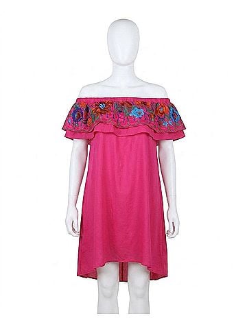 Umgee Floral Embroidered Ruffled Dress in Fuchsia (view 1)