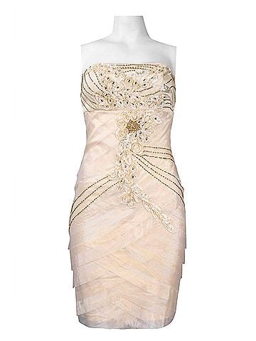 Sue Wong Strapless Ribbon Applique Beaded Dress in Champagne (view 1)