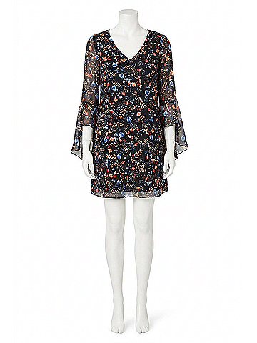 Kensie Unlined Chiffon Sleeve High Low Cuff Ruffle Detail V-Neck Shift Dress in Black (view 1)