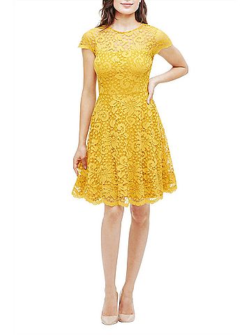 Kensie Lace Fit And Flare Dress in Golden (view 2)