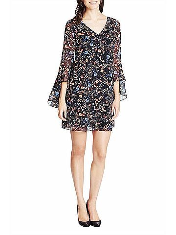 Kensie Unlined Chiffon Sleeve High Low Cuff Ruffle Detail V-Neck Shift Dress in Black (view 2)