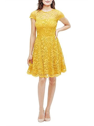 Kensie Lace Fit And Flare Dress in Golden (view 2)
