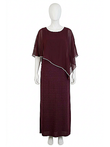 R&M Richards Sheer Cape Long Evening Dress in Burgundy (view 1)