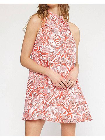 Entro Tropical Print Collared Mini Dress in Red (view 2)