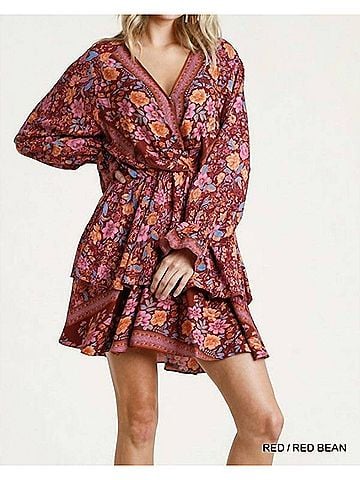 Umgee Floral Border Print Layered Dress in Red (view 2)