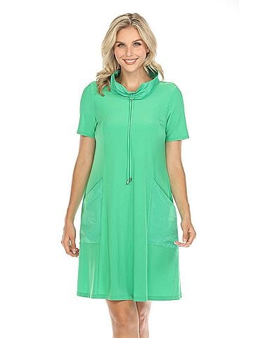Joseph Ribkoff Cowl Neck Short Sleeve T-Shirt Dress in Island Green (view 2)