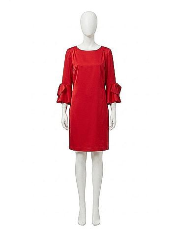 Joseph Ribkoff Ruffle Sleeve Satin Shift Dress in Lipstick Red (view 1)