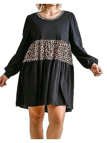 Umgee Leopard Tiered Babydoll Dress in Black (view 2)