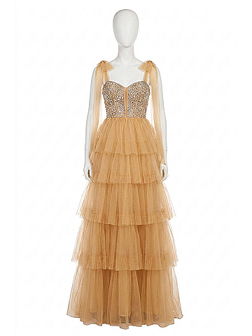Amarra Ruffle Tulle A-Line Gown With Beaded Top in Nude/Silver (view 1)