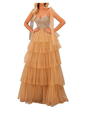 Amarra Ruffle Tulle A-Line Gown With Beaded Top in Nude/Silver (view 2)
