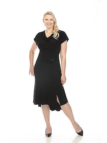 Joseph Ribkoff Cowl Neck Dolman Sleeve Midi Fit & Flare Dress in Black (view 2)