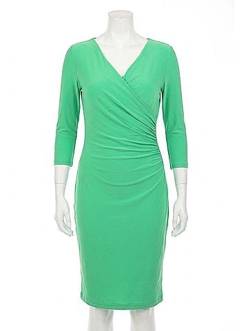 Joseph Ribkoff Faux Wrap Ruched Bodycon Dress in Island Green (view 1)