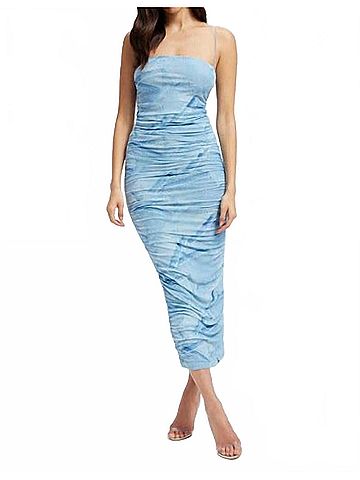 Good American Ruched Mesh Midi Dress in Patchwork (view 2)