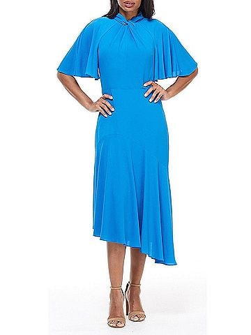 Maggy London Twist Mock Neck Flutter Sleeve Midi Dress in Sea Blue (view 2)
