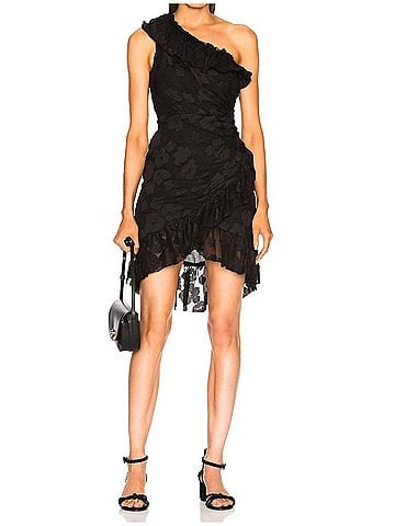 Ulla Johnson Rimona One Shoulder Ruffle Silk Dress in Noir (view 2)