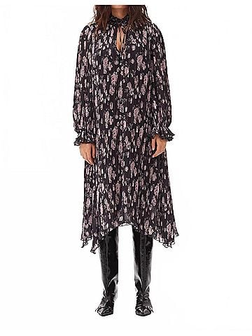 Ganni Pleated Georgette Midi Dress in Phantom (view 2)