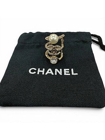 Chanel CHANEL B22C Coco Mark Faux Pearl & Rhinestone Triple Strand Ear Cuff Earrings, Gold, Made in Italy, Women's, with Dust Bag (view 2)
