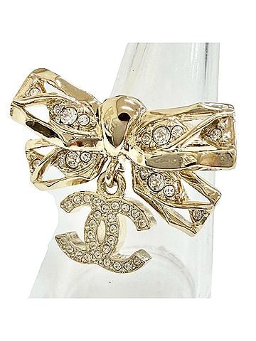 Chanel CHANEL B24B Coco Mark Ribbon Rhinestone Ring, Gold, Made in Italy, Women's, Cute and Stylish, Highly Recommended! (view 1)