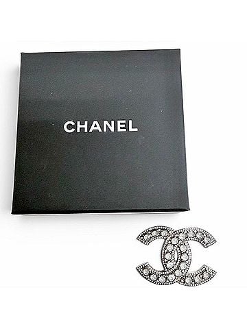 Chanel CHANEL C23B Coco Mark Rhinestone Gunmetal Brooch, Silver, Made in France, Women's, Comes with Box, Highly Recommended! (view 2)