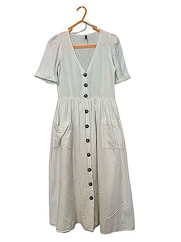 Zara Button-Front Midi Dress with Puff Sleeves Casual Dress (view 1)