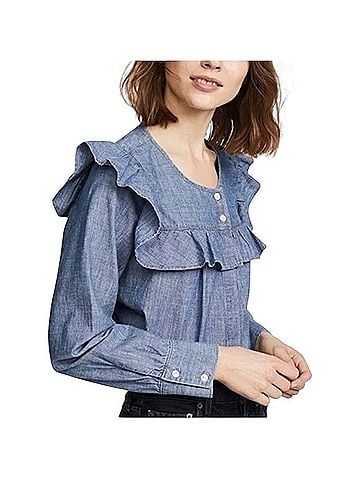 Madewell Chambray Ruffle Yoke Button Up Top Long Sleeve T-Shirt (view 1)